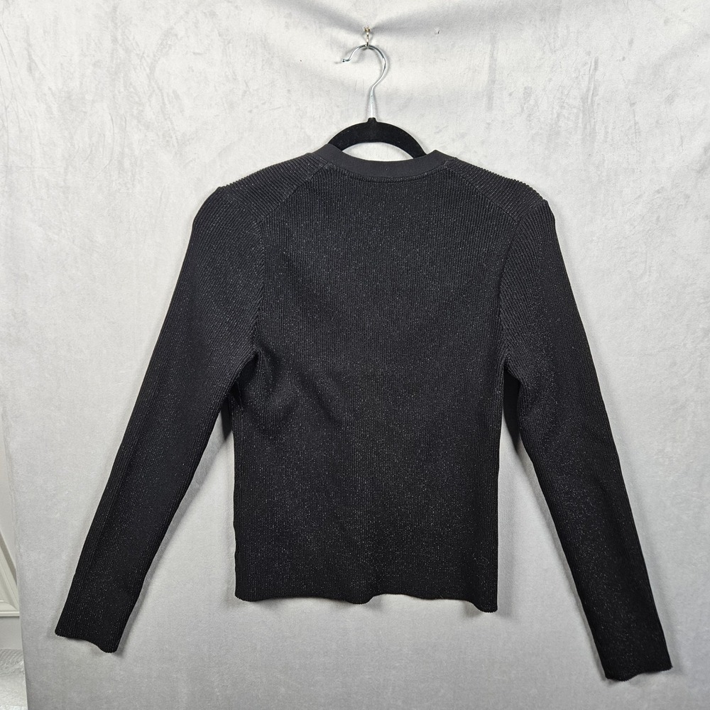 Theory Plaited Cardigan Womens Large Black Metallic Compact Crepe Button Up - Picture 2 of 9